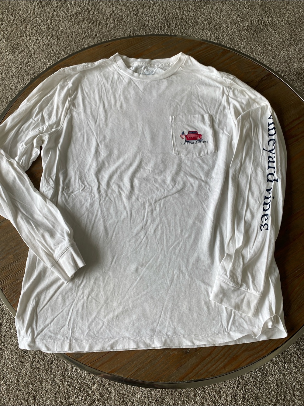 Vineyard Vines White Long-Sleeve Pocket Tee with Navy Sleeve Logo